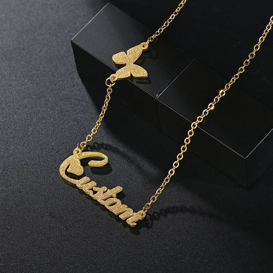 Frosted Name Necklace side Butterfly Personalized Letter Choker Pendant Nameplate Gift
