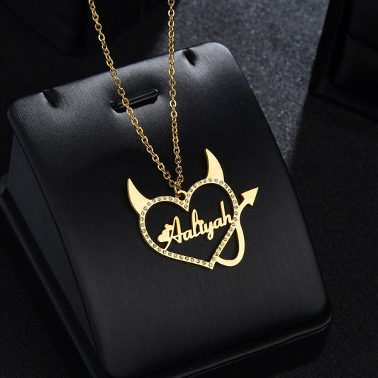 Custom Personalized Love Heart Nameplate With Demon Tail Diamond Stainless Steel Necklaces