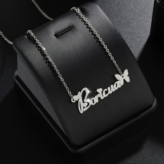 Frosted Name Necklace Butterfly Personalized Letter Choker Pendant Nameplate Gift