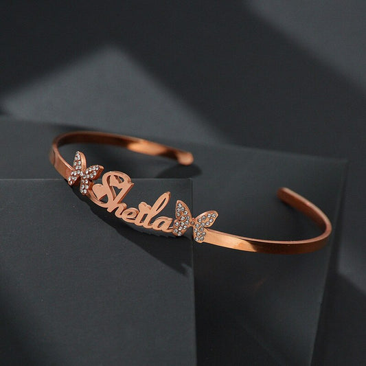 Personalized Butterfly Stone Zircon Charm Bangle
