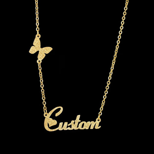 Frosted Name Necklace side Butterfly Personalized Letter Choker Pendant Nameplate Gift