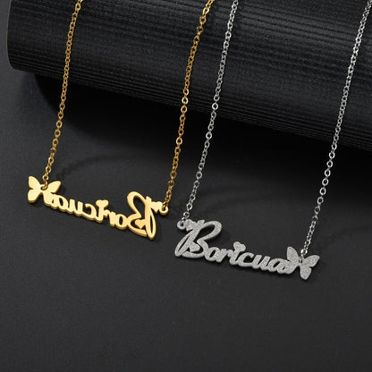 Collier avec nom givré papillon, lettre personnalisée, pendentif ras du cou, plaque signalétique, cadeau