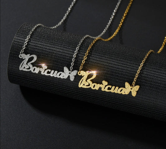 Frosted Name Necklace Butterfly Personalized Letter Choker Pendant Nameplate Gift