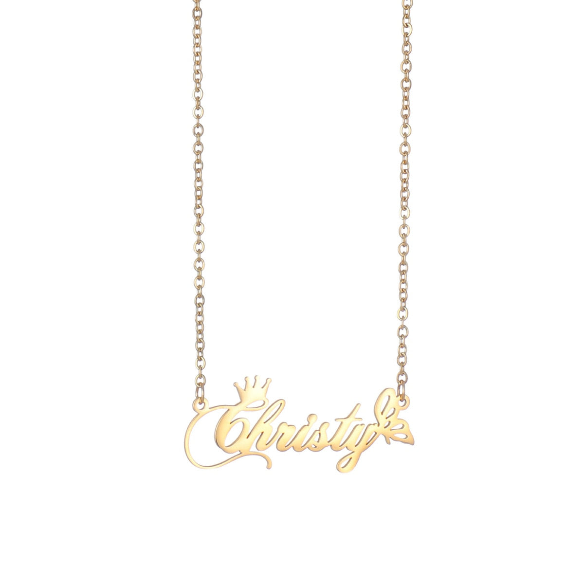 Collier avec nom personnalisé, pendentifs avec plaque nominative, couronne et papillon