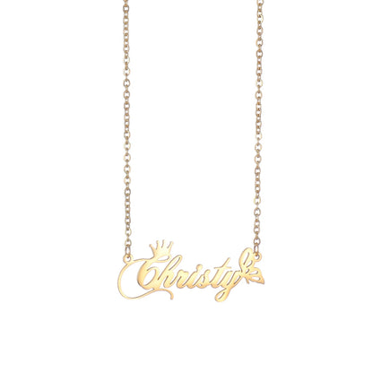 Collier avec nom personnalisé, pendentifs avec plaque nominative, couronne et papillon