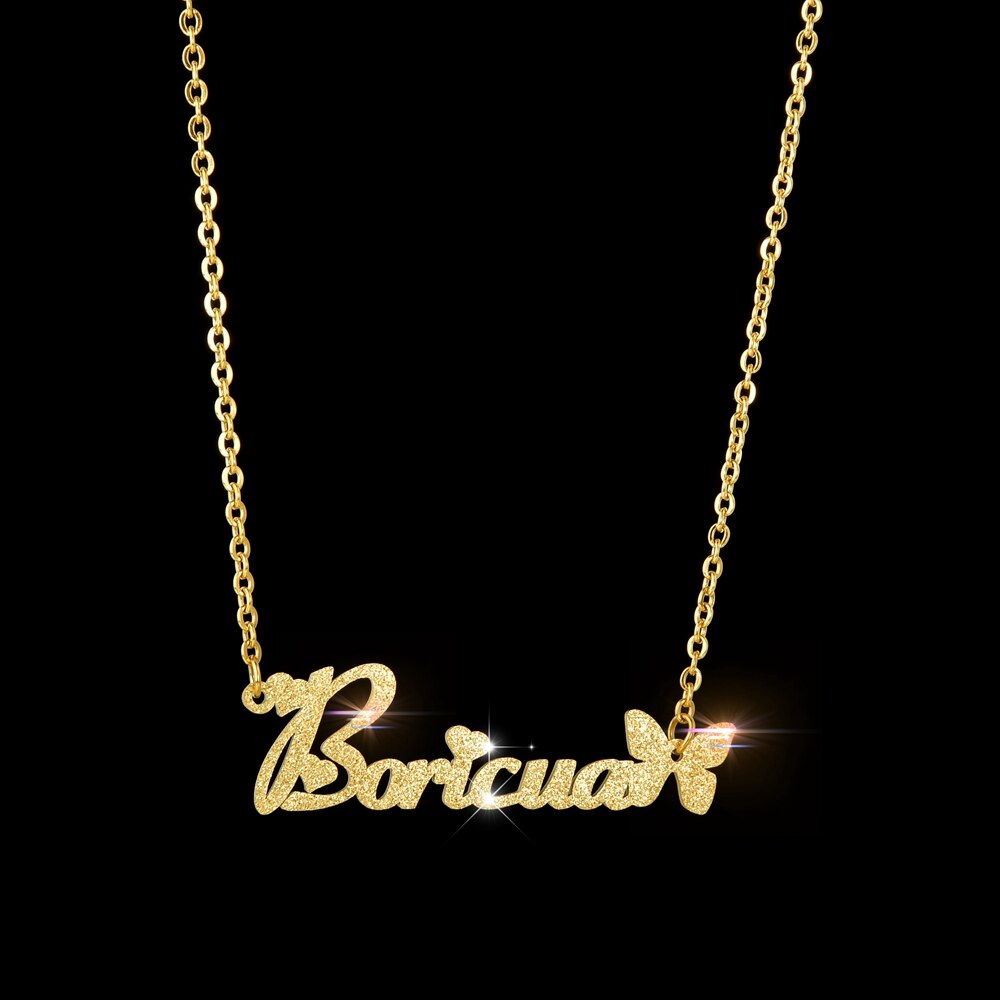 Collier avec nom givré papillon, lettre personnalisée, pendentif ras du cou, plaque signalétique, cadeau