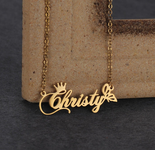 Custom Name Necklace Crown Butterfly nameplate Pendants