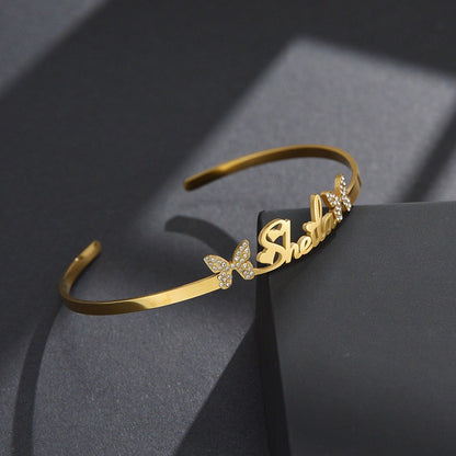 Personalized Butterfly Stone Zircon Charm Bangle
