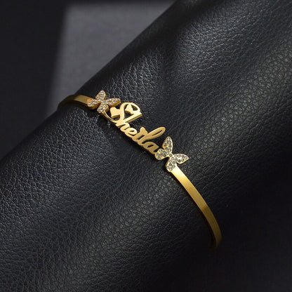 Personalized Butterfly Stone Zircon Charm Bangle