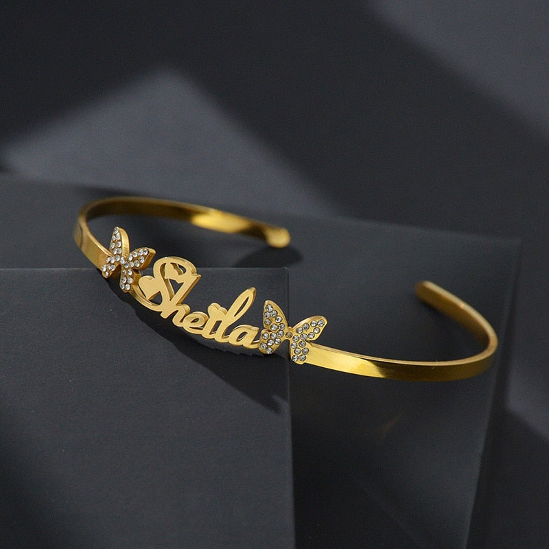 Personalized Butterfly Stone Zircon Charm Bangle