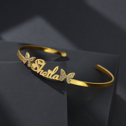 Personalized Butterfly Stone Zircon Charm Bangle
