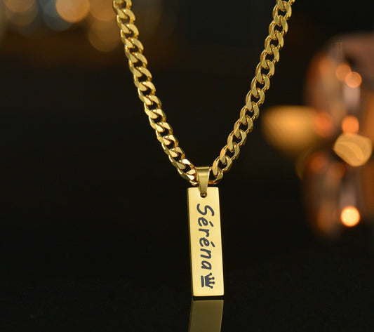 Personalized Strip Engraving Name Date Pendant Necklaces with Cuban Chain