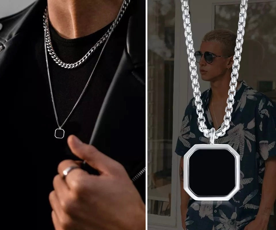 Pendentif Carré Onyx Argenté